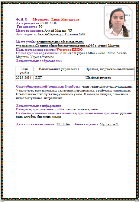 Резюме ученика 9 класса образец